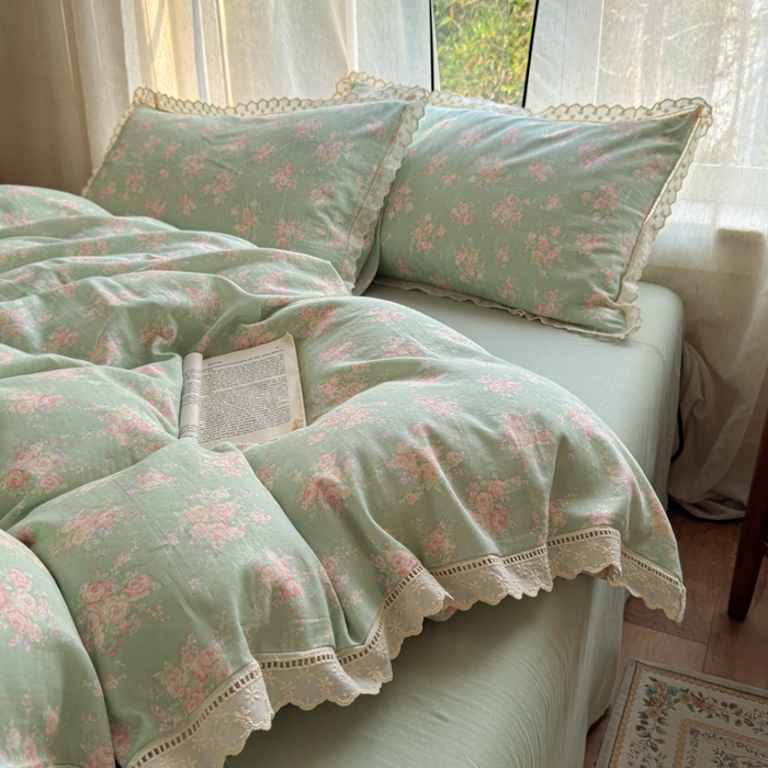 91家纺网 家纺一手货源 找家纺 曼之夏 2025新款A类全棉双层纱花边四件套 苏打绿
