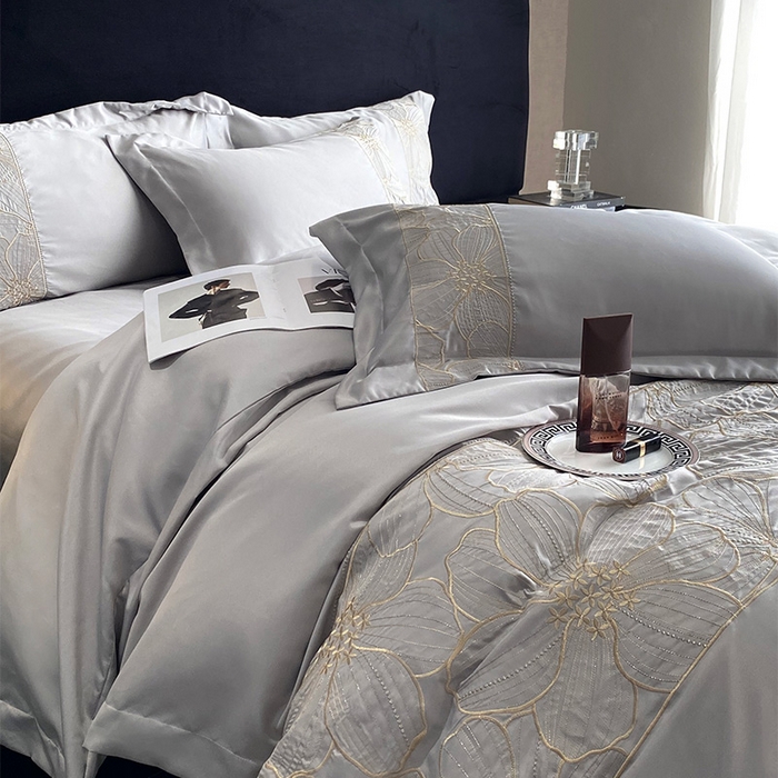 91家纺网 家纺一手货源 找家纺 优悦 2025新款冰丝简奢绣花四件套 北欧情调-灰
