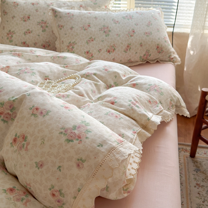 91家纺网 家纺一手货源 找家纺 曼之夏 2025新款A类全棉双层纱花边四件套 洛神玫瑰