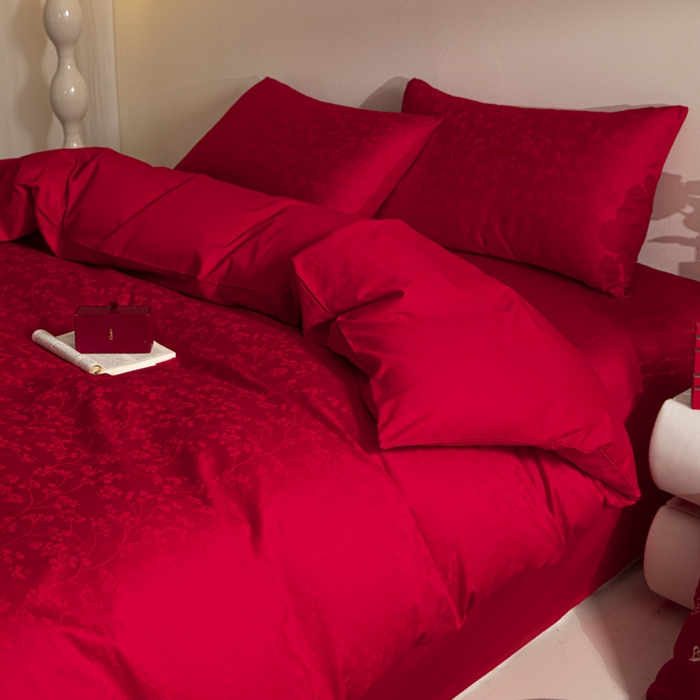 91家纺网 家纺一手货源 找家纺 琪格格纺织 2025新款纯棉婚庆四件套结婚用品提花简约婚庆 叶满良缘