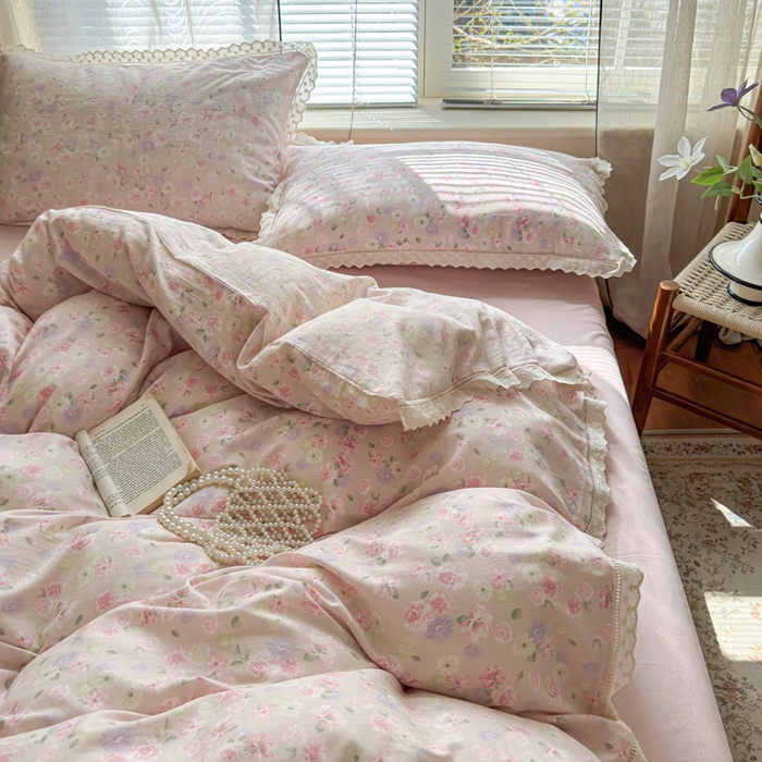 91家纺网 家纺一手货源 找家纺 曼之夏 2025新款A类全棉双层纱花边四件套 晚香玉