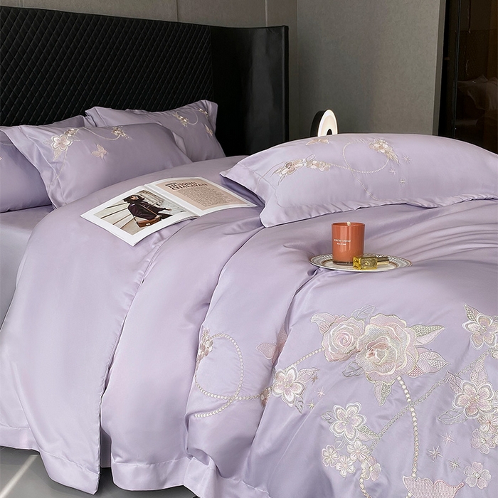 91家纺网 家纺一手货源 找家纺 优悦 2025新款冰丝简奢绣花四件套 雅韵佳人-紫