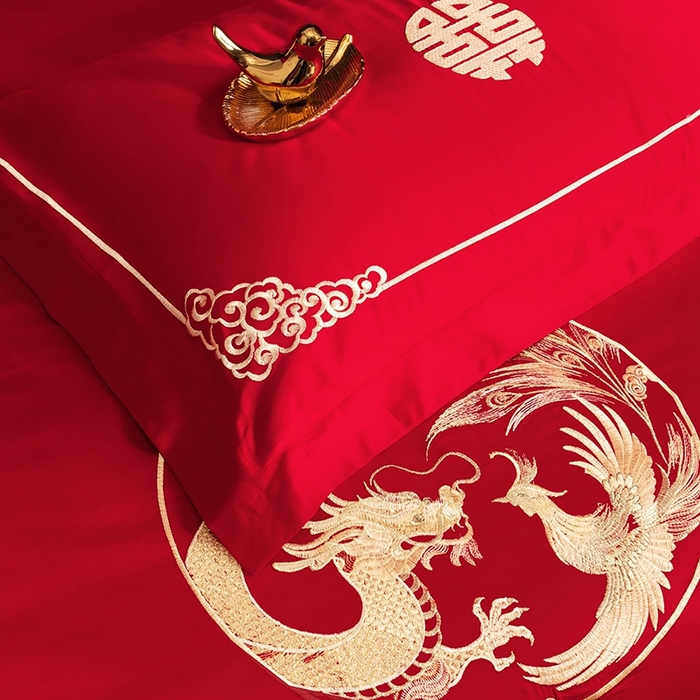 91家纺网 家纺一手货源 找家纺 晶缦家纺 2025新款喷气全棉13376婚庆绣花四件套 龙章凤姿