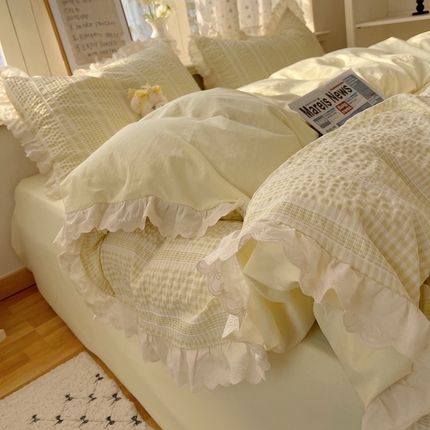 91家纺网 家纺一手货源 找家纺 轻奢坊 2025新款色织提花格子水洗棉仙仙花边安妮四件套 花边安妮-黄