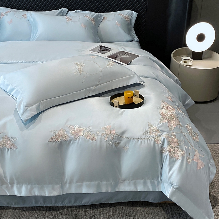 91家纺网 家纺一手货源 找家纺 优悦 2025新款冰丝简奢绣花四件套 雅韵佳人-蓝