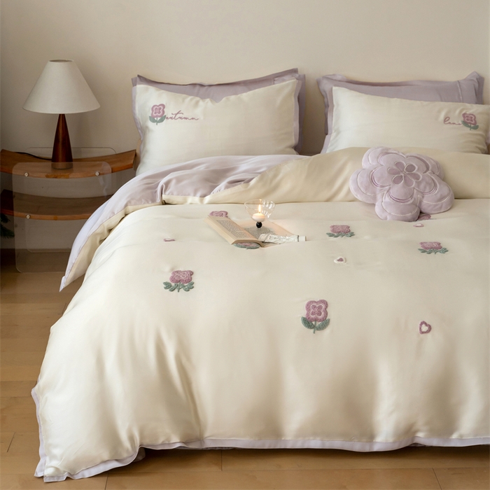 91家纺网 家纺一手货源 找家纺 FORTWO家纺原创设计（FOR TWO家纺） 2025新款60支兰精天丝毛巾绣四件套-断角款 心动