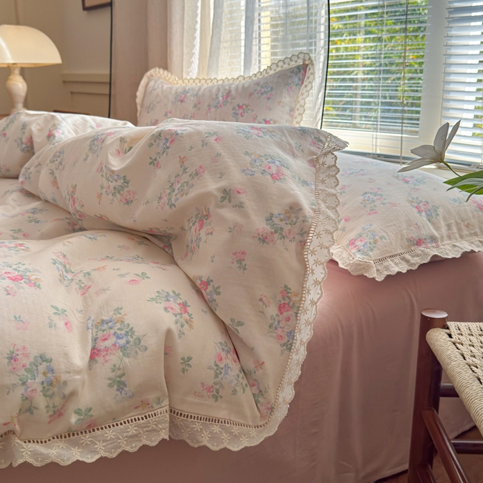 91家纺网 家纺一手货源 找家纺 曼之夏 2025新款A类全棉双层纱花边四件套 茉莉