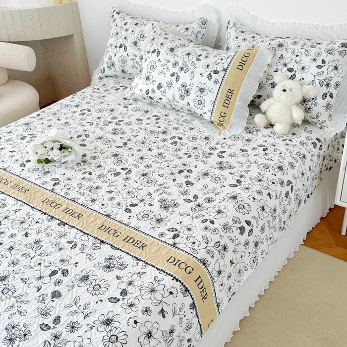 91家纺网 家纺一手货源 找家纺 添越 2024小清新韩版蕾丝花边纯棉夹棉床盖三件套全棉洛莉