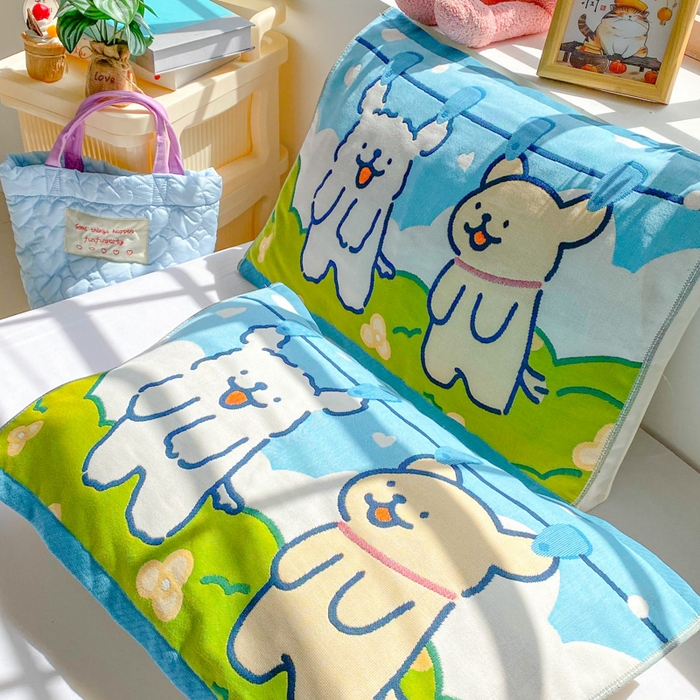 91家纺网 家纺一手货源 找家纺 美宜家 2025新款40*60儿童纯棉A类纱布枕巾乳胶专用高档枕巾 旺旺狗 一只