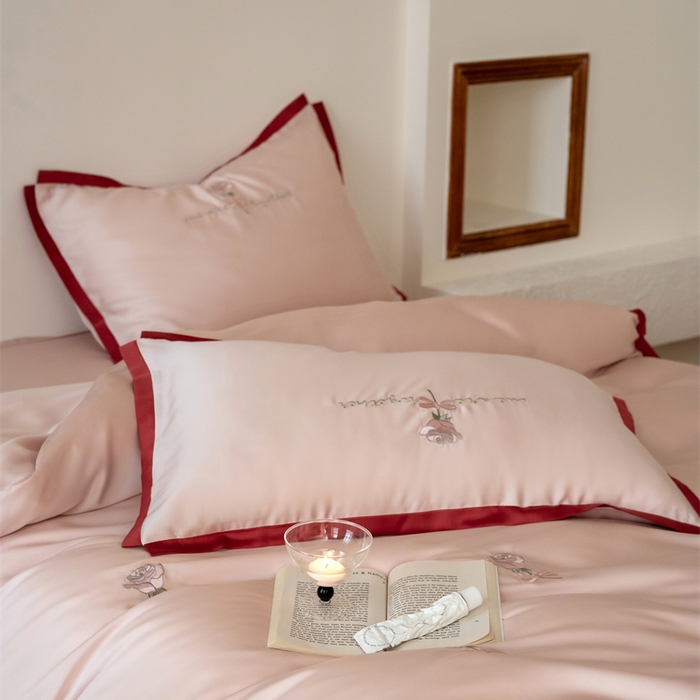 91家纺网 家纺一手货源 找家纺 FORTWO家纺原创设计（FOR TWO家纺） 2025新款60支兰精天丝毛巾绣四件套-断角款 木槿