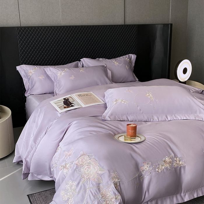 91家纺网 家纺一手货源 找家纺 优悦 2025新款冰丝简奢绣花四件套 雅韵佳人-紫