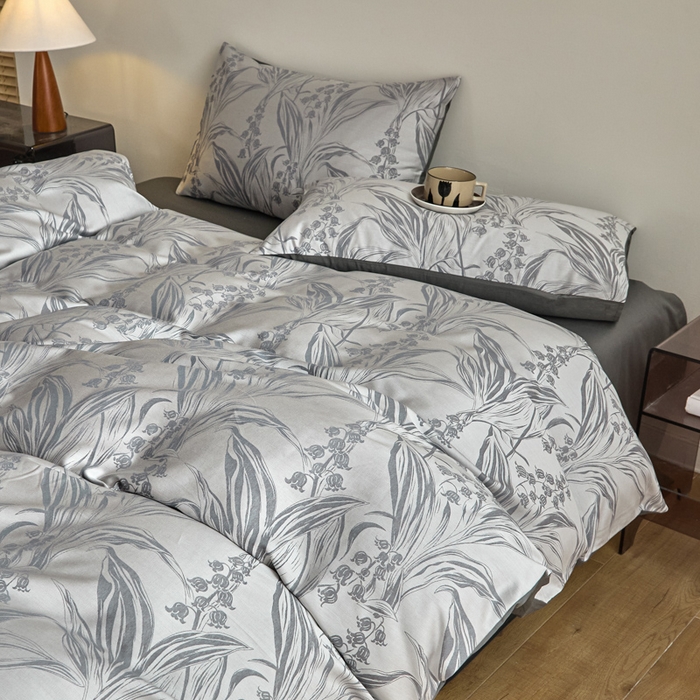 91家纺网 家纺一手货源 找家纺 琪格格纺织  2025新款色织天丝棉提花四件套 风铃草-灰