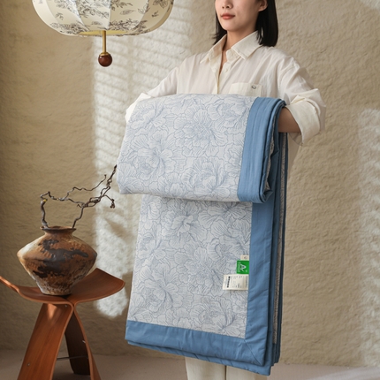 眠博士 2025新款A类全棉包边三层纱提花夏被四件套 包边三层纱夏被-山茶花-灰蓝