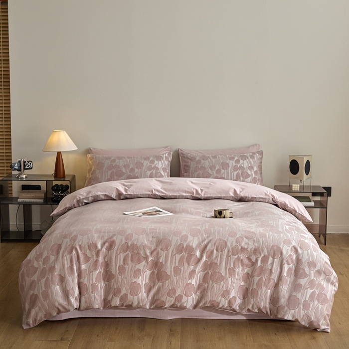 91家纺网 家纺一手货源 找家纺 琪格格纺织  2025新款色织天丝棉提花四件套 风之语-粉紫