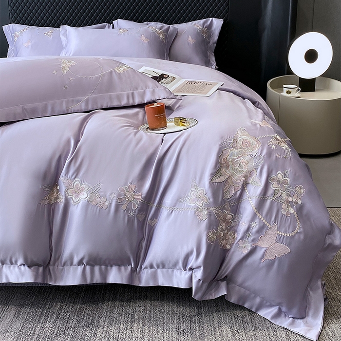 91家纺网 家纺一手货源 找家纺 优悦 2025新款冰丝简奢绣花四件套 雅韵佳人-紫