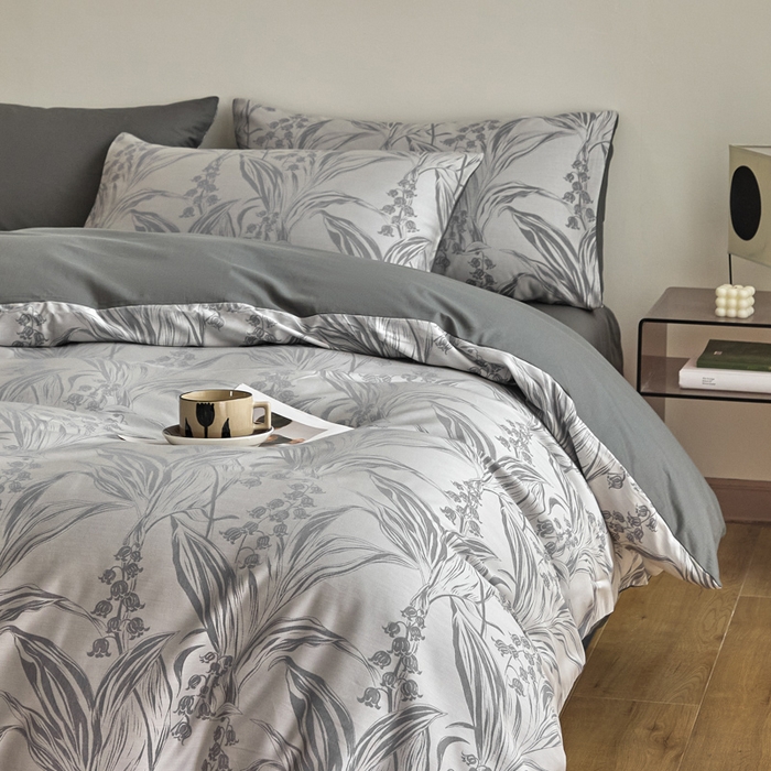 91家纺网 家纺一手货源 找家纺 琪格格纺织  2025新款色织天丝棉提花四件套 风铃草-灰