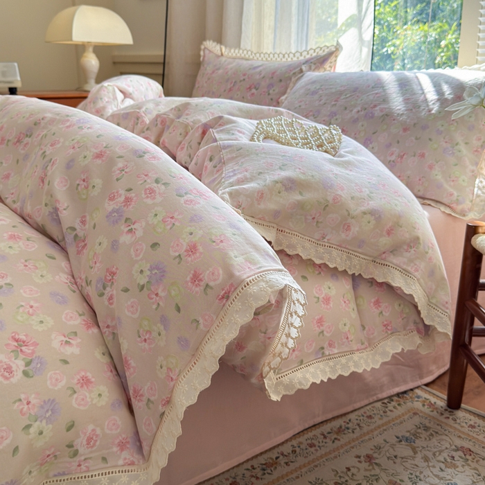 91家纺网 家纺一手货源 找家纺 曼之夏 2025新款A类全棉双层纱花边四件套 晚香玉