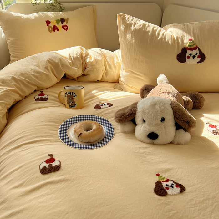 91家纺网 家纺一手货源 找家纺 （总）顾里家纺 2025新款ins韩系童趣毛巾绣云朵棉四件套