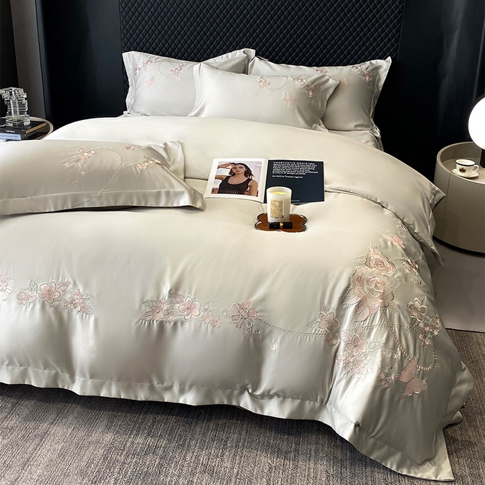 91家纺网 家纺一手货源 找家纺 优悦 2025新款冰丝简奢绣花四件套 雅韵佳人-绿