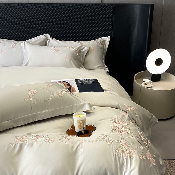 91家纺网 家纺一手货源 找家纺 优悦 2025新款冰丝简奢绣花四件套 雅韵佳人-绿