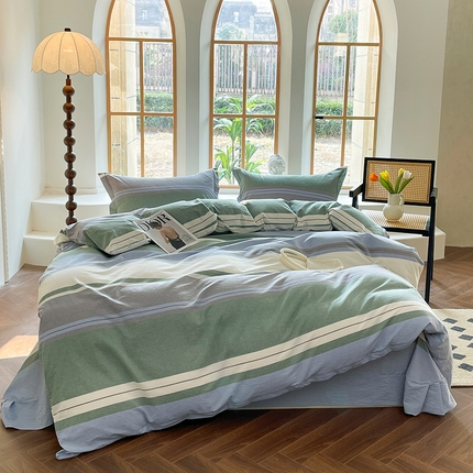 91家纺网 家纺一手货源 找家纺 喜四方 2025新款全棉色织水洗棉四件套 艾米尔-绿