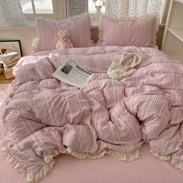 91家纺网 家纺一手货源 找家纺 （总）轻奢坊 2025新款色织提花格子水洗棉仙仙花边安妮四件套