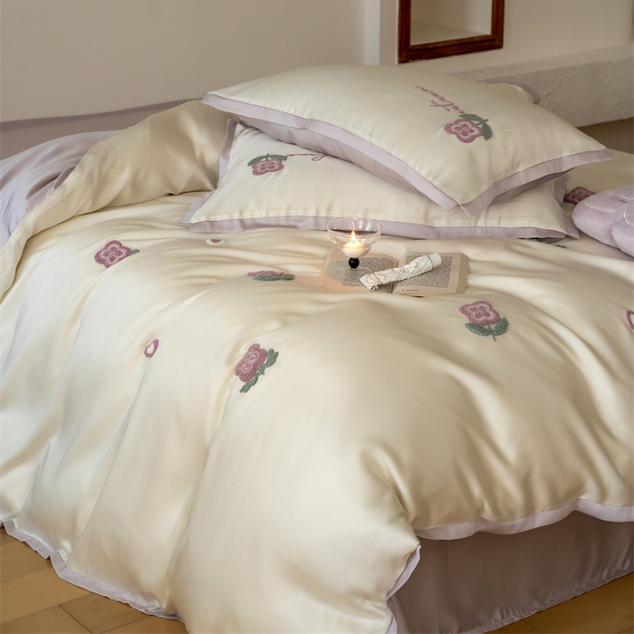 91家纺网 家纺一手货源 找家纺 FORTWO家纺原创设计（FOR TWO家纺） 2025新款60支兰精天丝毛巾绣四件套-断角款 心动