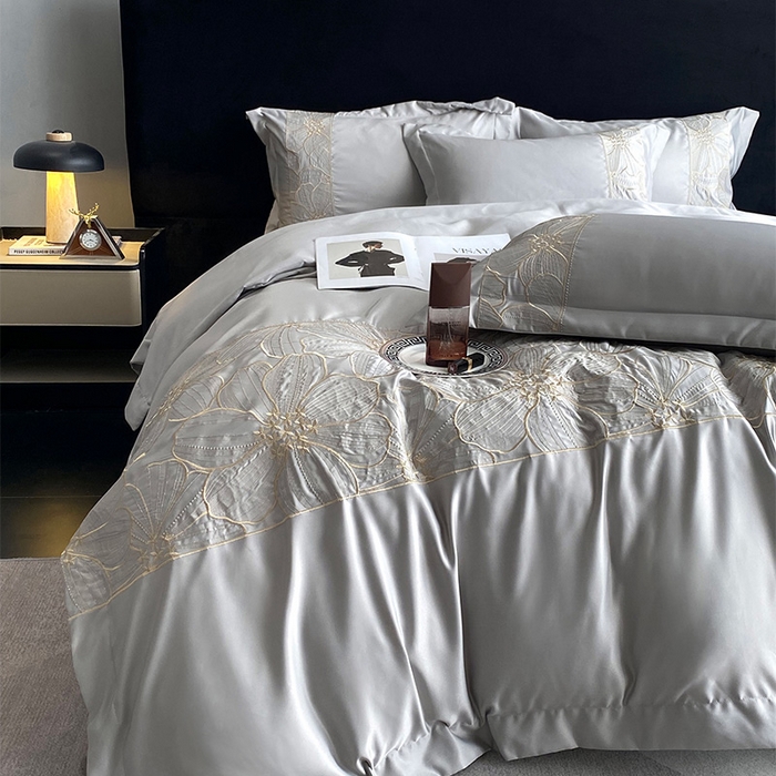 91家纺网 家纺一手货源 找家纺 优悦 2025新款冰丝简奢绣花四件套 北欧情调-灰