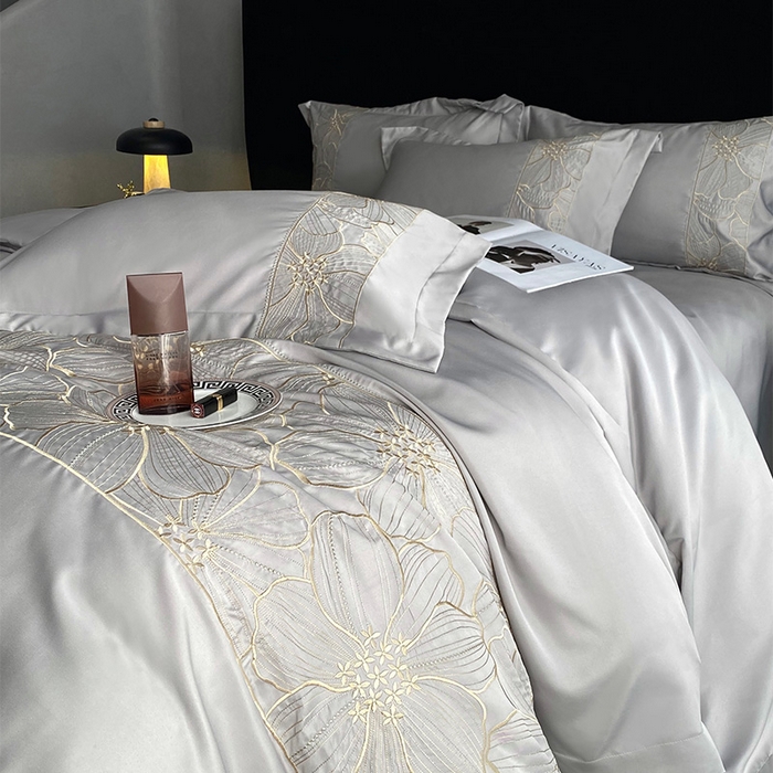 91家纺网 家纺一手货源 找家纺 优悦 2025新款冰丝简奢绣花四件套 北欧情调-灰