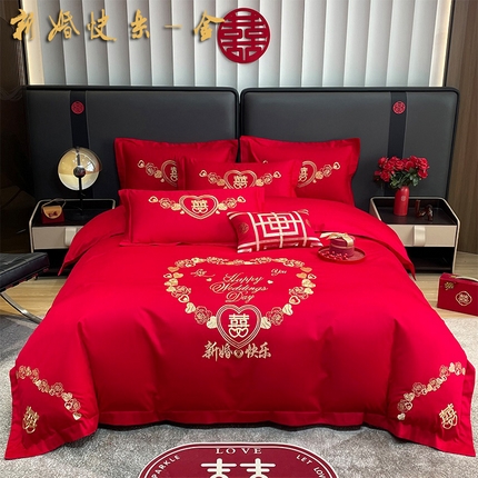 晶缦家纺 2025新款喷气全棉13376婚庆绣花四件套 新婚快乐-金