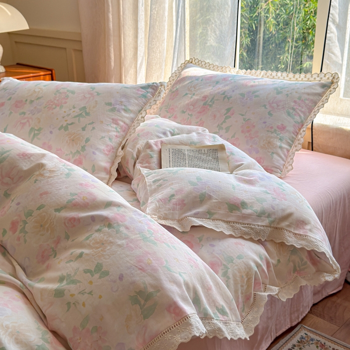 91家纺网 家纺一手货源 找家纺 曼之夏 2025新款A类全棉双层纱花边四件套 如梦令