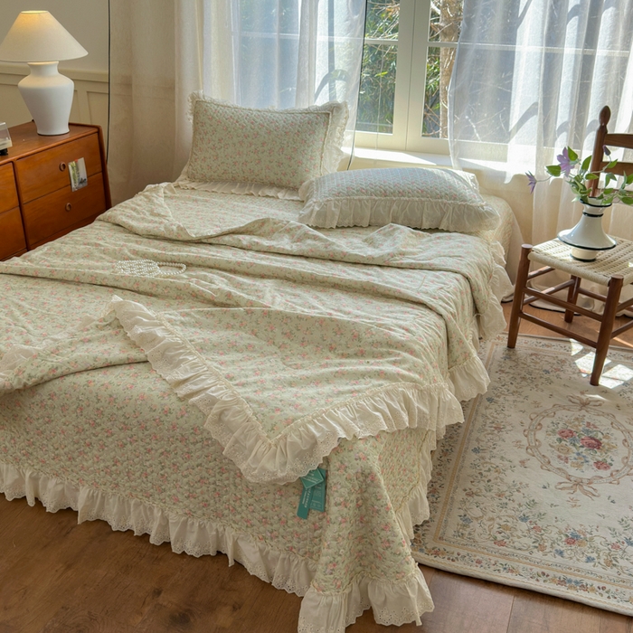 91家纺网 家纺一手货源 找家纺 淑女公社家纺  2025春夏新款法式纯棉双层纱夏被床盖四件套 春天里