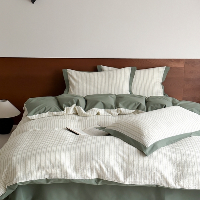 91家纺网 家纺一手货源 找家纺 旷野2025新款全棉纯棉A类婴幼儿级双层纱皱皱纱四件套 理想三旬-绿