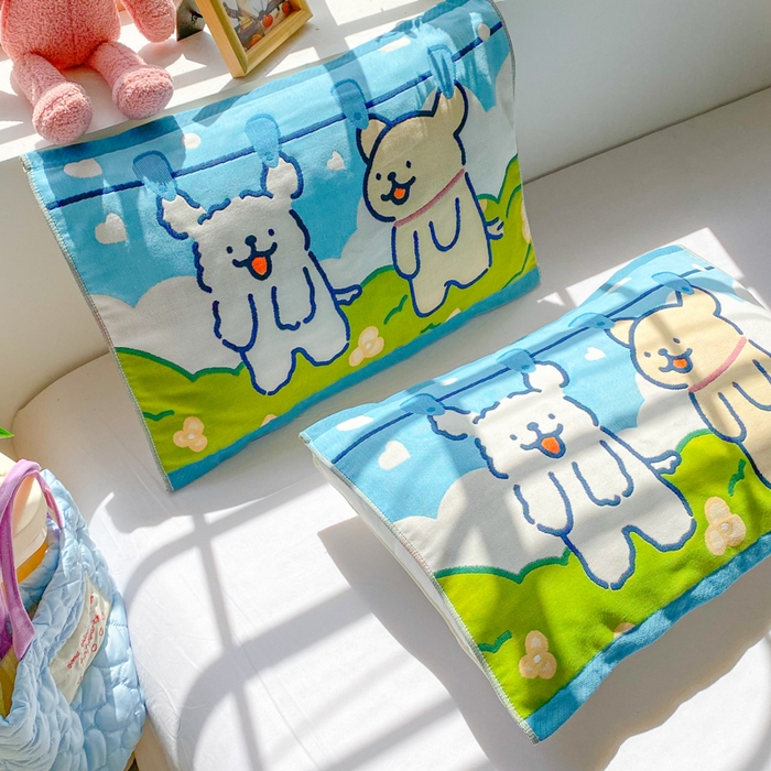 91家纺网 家纺一手货源 找家纺 美宜家 2025新款40*60儿童纯棉A类纱布枕巾乳胶专用高档枕巾 旺旺狗 一只