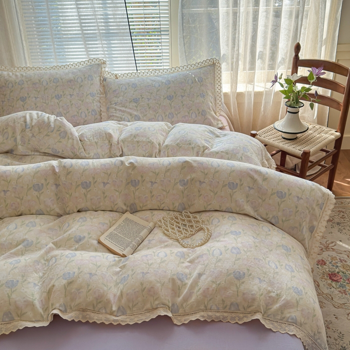 91家纺网 家纺一手货源 找家纺 曼之夏 2025新款A类全棉双层纱花边四件套 郁金香