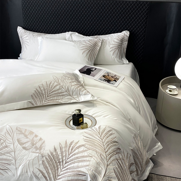 91家纺网 家纺一手货源 找家纺 优悦 2025新款冰丝简奢绣花四件套 流光岁月-白