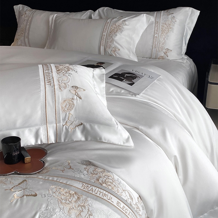 91家纺网 家纺一手货源 找家纺 优悦 2025新款冰丝简奢绣花四件套 巴黎旧梦-白