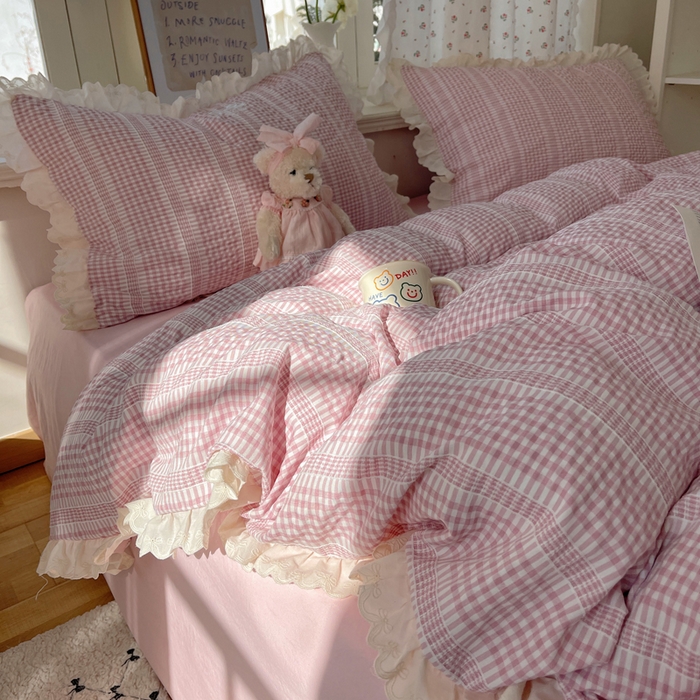 91家纺网 家纺一手货源 找家纺 （总）轻奢坊 2025新款色织提花格子水洗棉仙仙花边安妮四件套