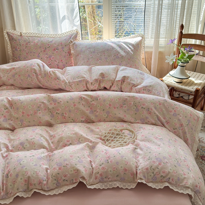 91家纺网 家纺一手货源 找家纺 曼之夏 2025新款A类全棉双层纱花边四件套 晚香玉