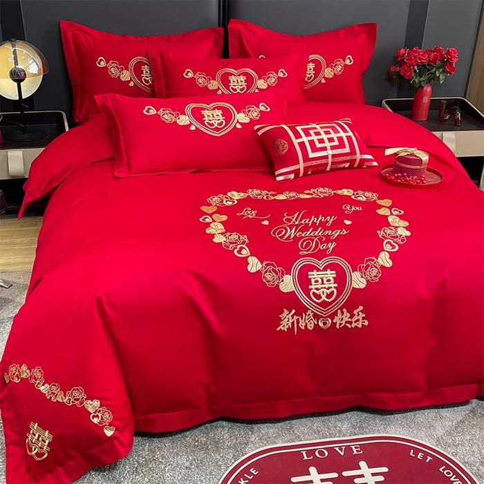 91家纺网 家纺一手货源 找家纺 晶缦家纺 2025新款喷气全棉13376婚庆绣花四件套 新婚快乐-金