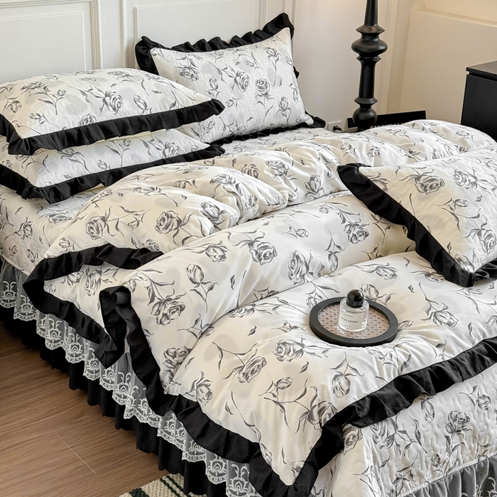 91家纺网 家纺一手货源 找家纺 绣女坊 2025新款时尚印花水洗棉被套款床盖四件套-赫本风 赫本风-玫瑰