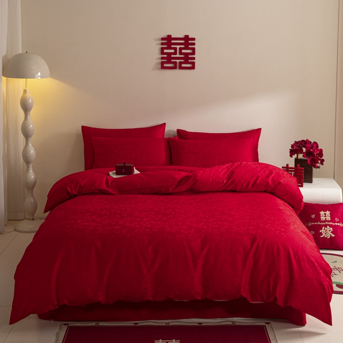 91家纺网 家纺一手货源 找家纺 琪格格纺织 2025新款纯棉婚庆四件套结婚用品提花简约婚庆 叶满良缘