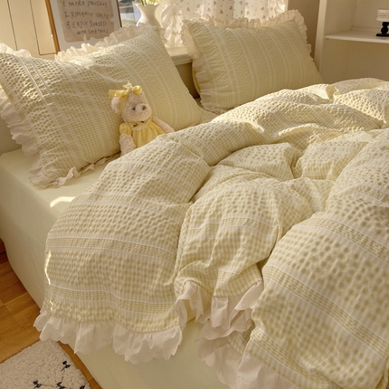 轻奢坊 2025新款色织提花格子水洗棉仙仙花边安妮四件套 花边安妮-黄