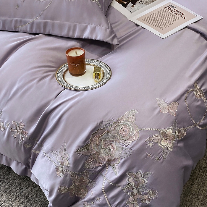 91家纺网 家纺一手货源 找家纺 优悦 2025新款冰丝简奢绣花四件套 雅韵佳人-紫