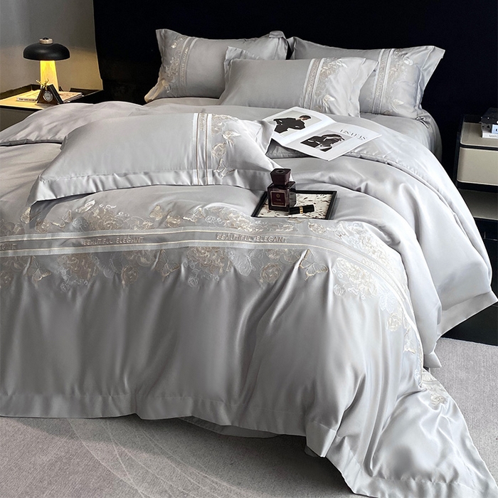 91家纺网 家纺一手货源 找家纺 优悦 2025新款冰丝简奢绣花四件套 巴黎旧梦-灰