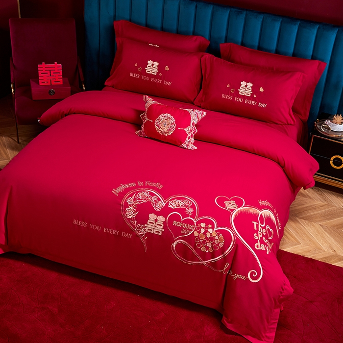 91家纺网 家纺一手货源 找家纺 晶缦家纺 2025新款喷气全棉13376婚庆绣花四件套 永结同心