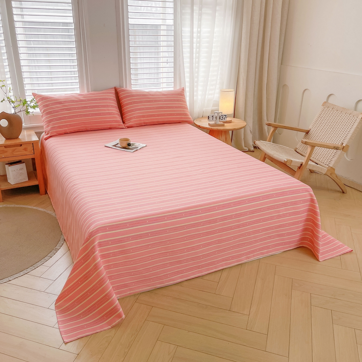 91家纺网 家纺一手货源 找家纺 美梦里 2025新款无印老粗布床单凉席席子 流年粉