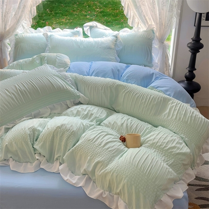 灰鲸2025新款泡泡纱公主风花边款四件套 泡泡纱花边款-薄荷绿+天空蓝