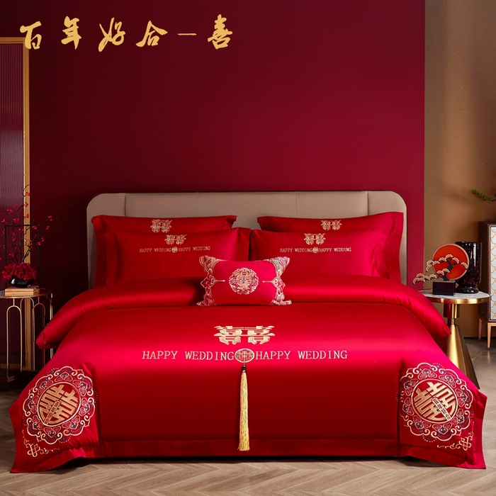 91家纺网 家纺一手货源 找家纺 晶缦家纺 2025新款喷气全棉13376婚庆绣花四件套 百年好合