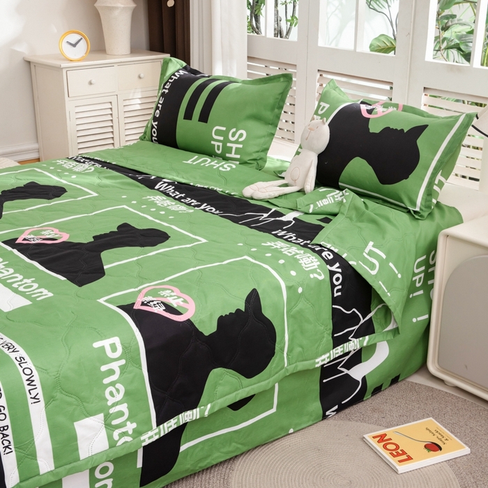 91家纺网 家纺一手货源 找家纺 乐居坊2025新款亲肤舒适印花芦荟棉夏凉被四件套 禁止蕉绿